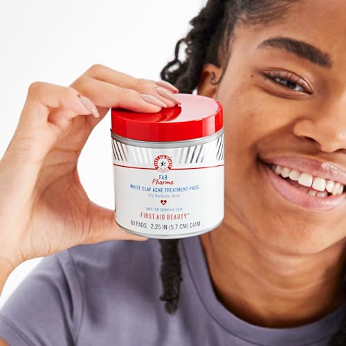 First Aid Beauty - FAB Pharma White Clay Acne Treatment Pads With 2% Salicylic Acid, Daily Compostable Exfoliating for Breakouts, Whiteheads, Blackheads and Acne, Safe for Sensitive Skin, 60 Pads