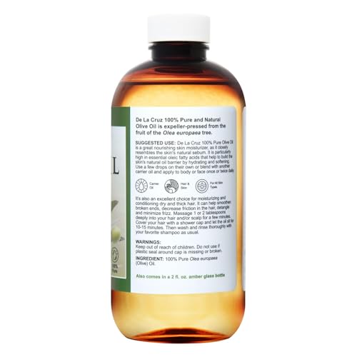 De La Cruz Pure Olive Oil - Natural Expeller Pressed Olive Oil for Hair and Skin - Lightweight Body Oil for Dry Skin 8 Fl Oz