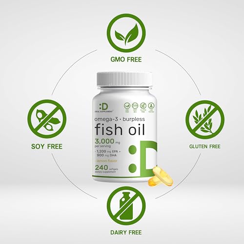 DEAL SUPPLEMENT Omega 3 Fish Oil Supplements, 3,000mg Per Serving, 240 Softgels – EPA 1,200mg + DHA 900mg – Burpless Pills, Lemon Flavored, Wild Caught – Brain & Heart Support – Mercury Free, Non-GMO