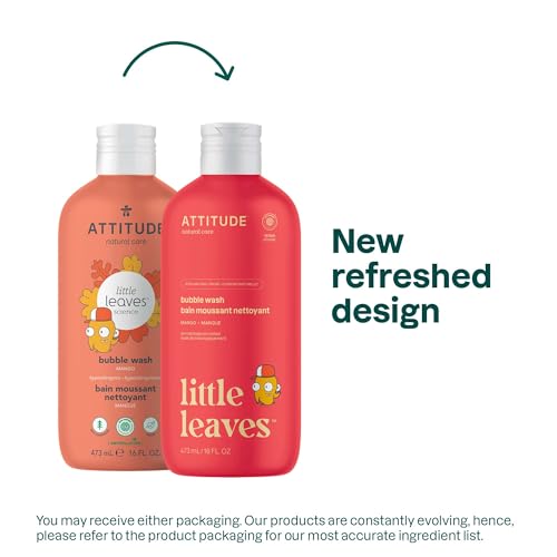 ATTITUDE Bubble Wash for Kids, EWG Verified Bubble Bath, Hair Shampoo and Body Soap, Dermatologically Tested, Plant- and Mineral-Based, Vegan, Mango, 16 Fl Oz