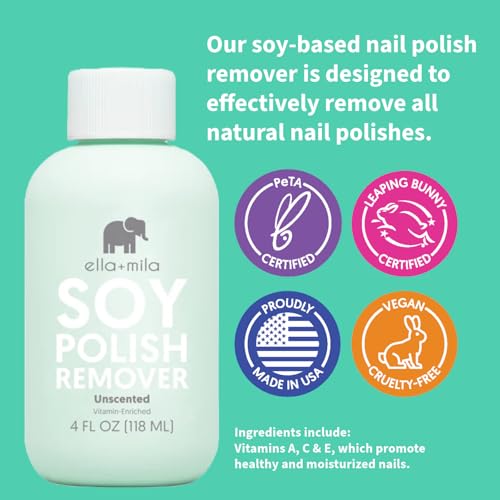 ella+mila Soy Nail Polish Remover Non-Acetone Nail Polish Remover - Non-Toxic Fingernail Polish Remover - For Natural Nail Polishes - Unscented & Enriched With Vitamins A, C & E(4 fl oz) Teal