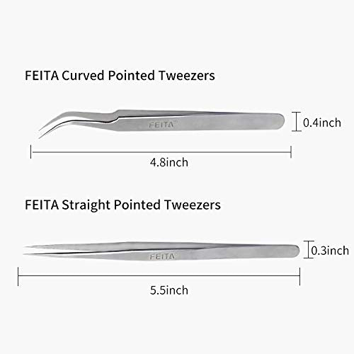 FEITA 2PCS Stainless Steel Tweezers Precision Hand Tool Tweezers for Ingrown Hairs, Eyebrow Hairs, Facial Hairs, and Splinters,Jewelry-making,Hobbies(ST-11&12)