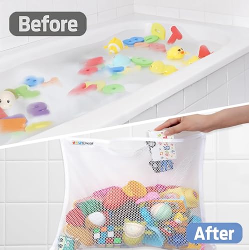 Bath Toy Net 18x16 Inch Kids Bath Tub Toy Holder, Corner Mesh Bag, Baby Bathtub Storage Organizer, Large Bathroom Bucket Bin, Toddler Shower Caddy Hanging Basket, 2 Suction Cups 2 Adhesive Wall Hooks