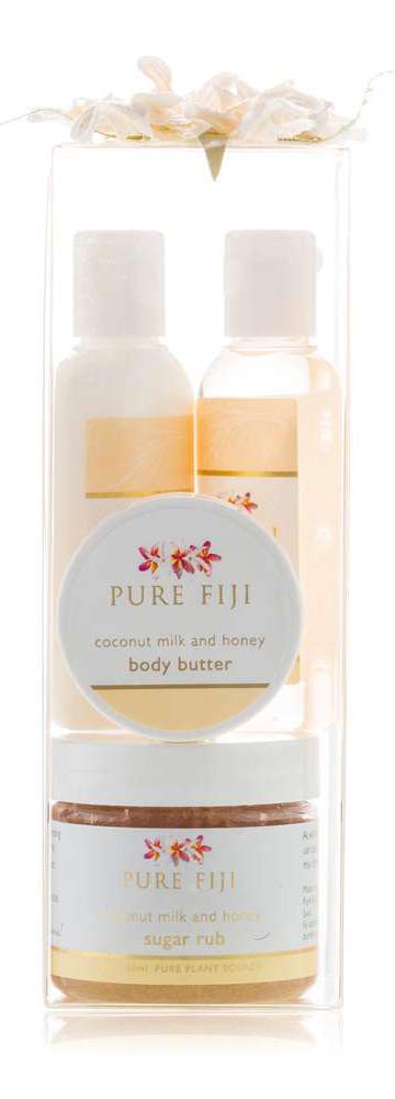 PURE FIJI Spa Gifts for Women and Man - Body Gift Box Include: Sugar Scrub 2 Oz, Bath and Body Oil 1/2 Oz, Body Butter and Body Lotion 1 Oz, Scent oconut Milk and Honey
