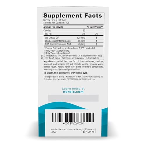 Nordic Naturals Ultimate Omega, Lemon Flavor - 210 Soft Gels - 1280 mg Omega-3 - High-Potency Omega-3 Fish Oil with EPA & DHA - Promotes Brain & Heart Health - Non-GMO - 105 Servings