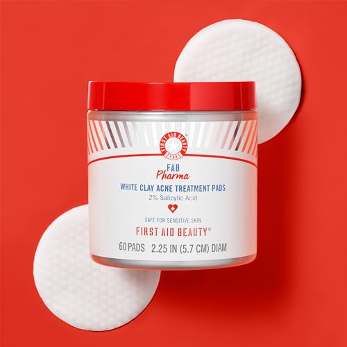 First Aid Beauty - FAB Pharma White Clay Acne Treatment Pads With 2% Salicylic Acid, Daily Compostable Exfoliating for Breakouts, Whiteheads, Blackheads and Acne, Safe for Sensitive Skin, 60 Pads