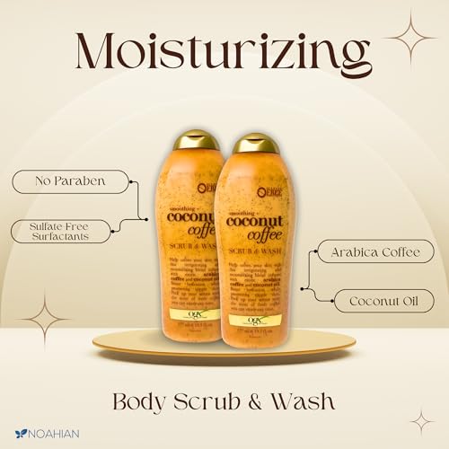 OGX Smoothing Coconut Coffee Exfoliating Body Scrub, Coconut Body Wash with Coconut Oil, 19.5 Fl Oz, Pack of 2, Arabica Coffee Body Wash Bundle with NOAHIAN Premium Body Exfoliating Mitt (3 items)