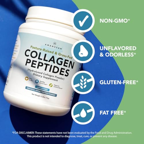 AMANDEAN Collagen Peptides Powder 1kg. Grass-Fed, Enzymatically Hydrolyzed, Type 1 & 3. Agglomerated, Easy to Mix, Unflavored, Non-GMO. Protein with 18 Amino Acids for Healthy Skin, Hair, Nails.