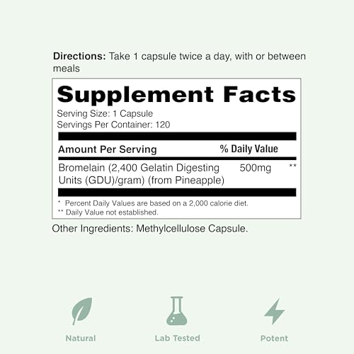 Yuve High Potency Bromelain 500mg 2400GDU Digestive Enzymes - Gut & Joint Health from Pineapple - Helps Digesting Proteins - Plant-Based, Non-GMO, 3rd Party Tested - 120 Capsules