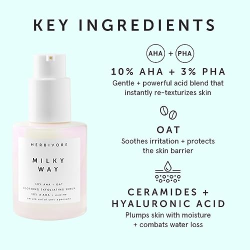 HERBIVORE Milky Way 10% AHA + Oat Soothing Exfoliating Serum – Multitasking Instant Glow Formula with Ceramides & Hyaluronic Acid, Plant-based, Vegan, Cruelty-free, 30mL / 1 oz