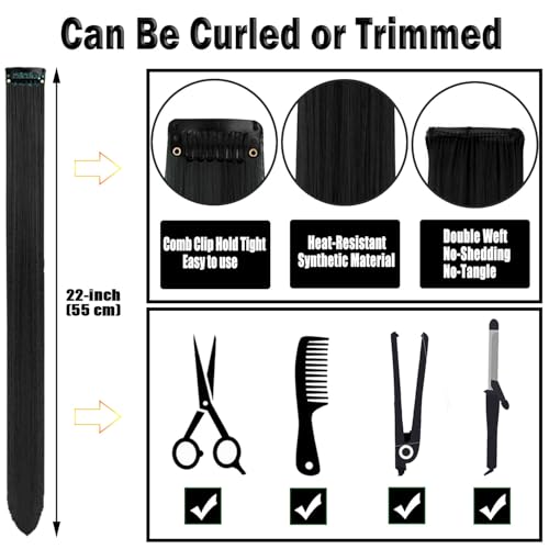 Olldag 12 PCS Black Hair Extensions Clip in, 22 Inch Colored Hair Extensions Party Highlights Long Straight Synthetic Hairpieces for Women Kids Girls