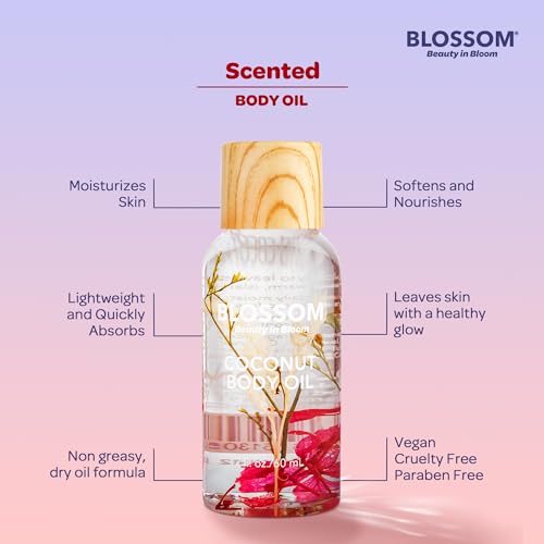Blossom Dry Body Oil, Scented Body Oils for Women Moisturizing and Hydrating Skincare, Dry Oil for Body Infused with Real Flowers, 2 fl. oz/60ml, Red, Coconut