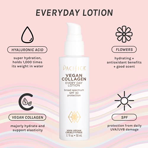 Pacifica Face Moisturizer - Vegan Collagen Face Lotion SPF 30 Broad Spectrum Sunscreen Every Day Face Lotion, UVA/UVB Protection for All Skin Types, Lightweight, Hydrating, Cruelty Free