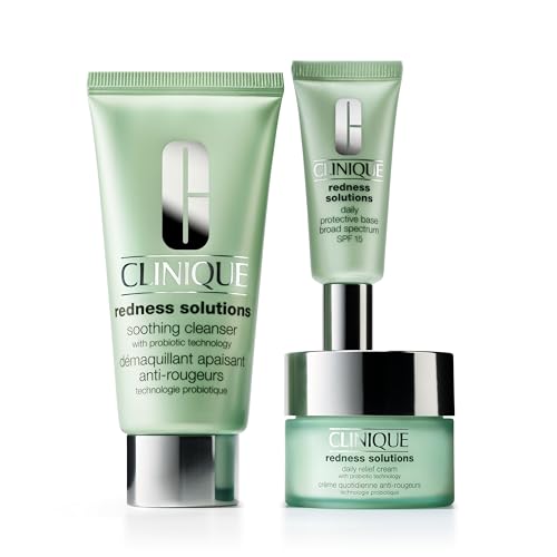 Clinique Redness Solutions Redness Regimen Skincare Set | Soothing Cleanser, 2.5 Fl Oz | Daily Relief Cream, 1 Fl Oz | Daily Protective Base Broad Spectrum SPF 15, 0.5 Fl Oz