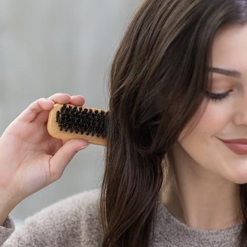 GranNaturals Palm Size Wide Boar Bristle Teasing Brush & Smoothing Brush for Slick Back Hair, Edge Control, Backcombing to Create Sleek Hairstyle - Wooden Wide Portable Handle
