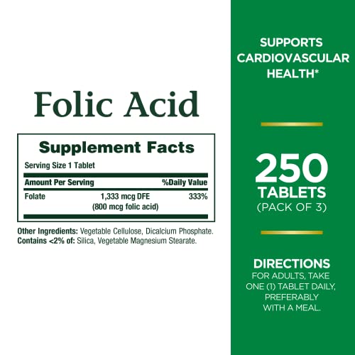 Nature's Bounty Folic Acid Supplement, Supports Cardiovascular Health, 800mcg, 250 Tablets