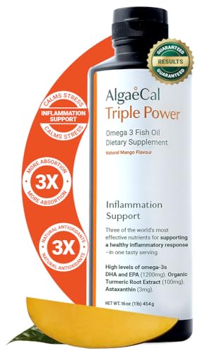 ALGAECAL Triple Power 1200mg EPA & DHA Omega-3s Fish Oil Supplement, Supporting Brain, Heart, Skin & Bones, Liquid Emulsion Mango Taste, Burp-Less, Sugar-Free