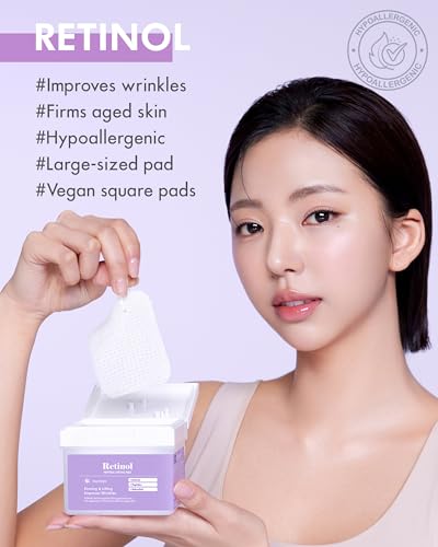 DERMAL Retinol Peptide Lifting Pad - Korean Toner Pad for Anti-Aging & Wrinkles with Bakuchiol - Vegan Pure Cotton Square Pads - High Capacity, 120 Sheets