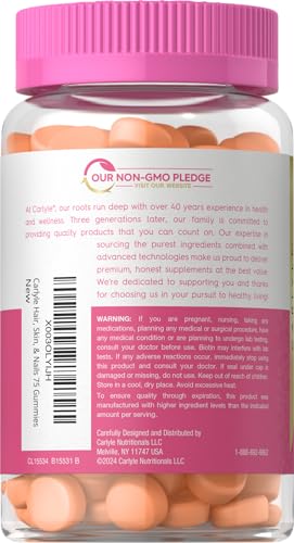 Carlyle Hair Skin and Nails Vitamins | 75 Gummies | with Biotin and Collagen | Gummy Supplement for Women | Strawberry Flavor | Non-GMO, Gluten Free