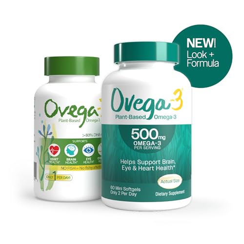 OVEGA-3 Plant-Based Omega-3 from Algal Oil Daily Supplement, 500mg, Supports Brain, Eye & Heart Health, Two Mini softgels per Day, 60 Count