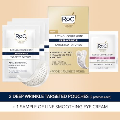 RoC Retinol Correxion Deep Wrinkle Non-Invasive Targeted Patches with Hyaluronic Acid + Firming Peptides for Forehead, 11 Lines, Crow’s Feet and Laugh Lines, (6 Patches) with Retinol Eye Packette