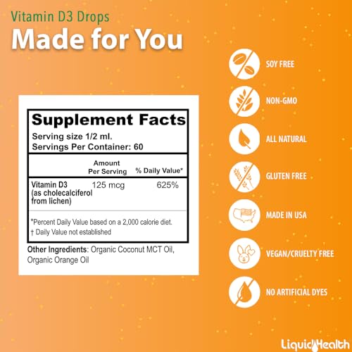 LIQUIDHEALTH Liquid Vitamin D3 5000 IU, Organic Vitamin D Liquid Drops, Adults & Kids, Vegan Liquid Vitamin D for Immune Support, Bone Health, Mood Support - (2pack)