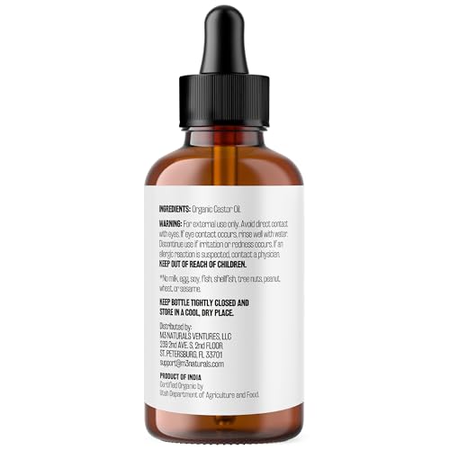 M3 Naturals 100% Pure Organic Castor Oil for Hair Growth, Face and Body Care | Hexane-Free, Cold Pressed, Unrefined in a 4 fl oz (118M) Glass Bottle with Droplet | Promotes Thicker Lashes and Eyebrows