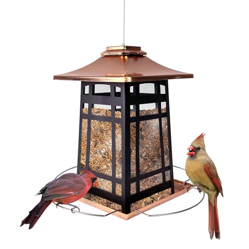 Nature's Way Outdoor Garden Décor Hanging Wild Bird Seed Feeder, Metal Copper Gazebo Feeder, Easy Fill, Rain Drainage, Black and Copper