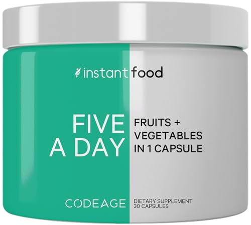 Codeage 5 Servings of Fruits & Veggies Equivalent in 1 Single Capsule - Whole Food Instantfood with 15 Greens & Fruits in All-in-One Pill, Eat Vegetables - Vegan Vitamins Supplement - Non-GMO - 30 ct