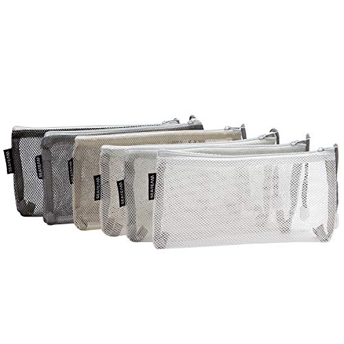Sea Team 6pcs Multicolored Portable Travel Toiletry Pouch Nylon Mesh Cosmetic Makeup Organizer Bag with Zipper, Monochrome
