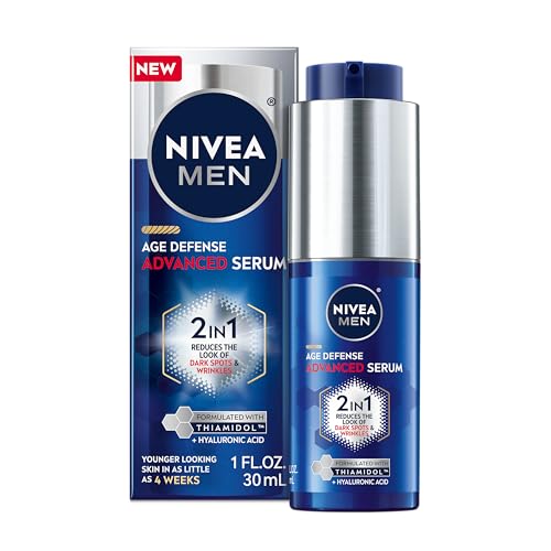 NIVEA MEN Age Defense Advanced Face Serum for Dark Spots with Thiamidol (TM) + Hyaluronic Acid, Fast-Absorbing Face Serum for Men Helps Reduce Look of Dark Spots, Fine Lines & Wrinkles, 1 Fl Oz Bottle