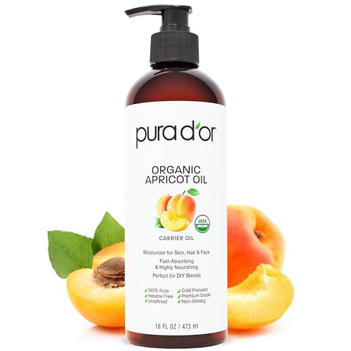 PURA D'OR 16 Oz ORGANIC Apricot Kernel Oil - 100% Pure & Natural USDA Certified Cold Pressed Carrier Oil - Antioxidant & Vitamin E Rich Moisturizer for Natural Glow & Softness - Face, Skin & Hair