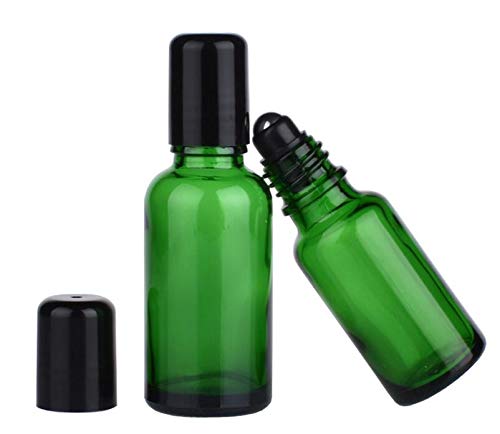 6PCS 30ml Empty Portable Green Glass Roll on Bottles With Stainless Steel Ball and Black Cap For Perfume Essential Oil Roller Bottles Vial Container Pot Jar Attar Bottle