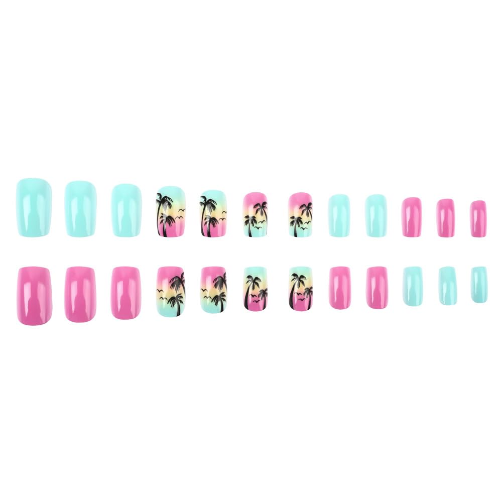 Short Press on Nails Summer Palm Tree Fake Nails Square Acrylic Nails Press ons Glossy Blue Pink Glue on Nails with Twilight Beach Designs Stick on Nails Summer False Nails for Women Girls 24Pcs