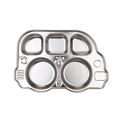 Innobaby Stainless Bus Plate with Airtight Sectional Lid, The Original, Leak-Resistant Divided Platter, Mom Invented Fun Shape Plate Din Din SMART for Babies, Toddlers and Kids, BPA Free Plate