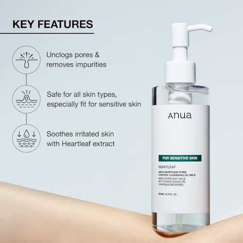 ANUA Heartleaf Pore Cleansing Oil MILD, Sensitive Skin Face Wash, Oil Cleanser for Face, Makeup Blackhead Remover, Korean Skin Care, Non-Comedogenic, Fragrance Free 6.76 fl oz(200ml)