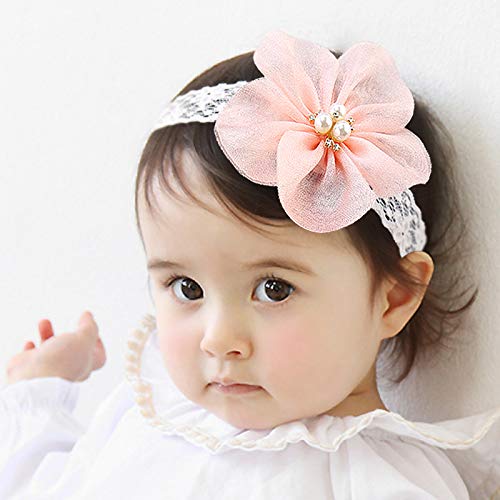 Kercisbeauty Baby Girls Flower Bows Headband Lace Headwear for Toddler Babies Elastic Adjustable Head piece Wreath Halloween Holiday Sunday Headband (Pink)