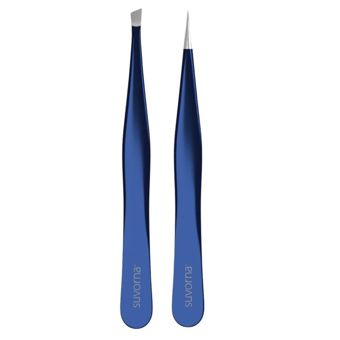 Suvorna 4 Precision Aligned Professional Tweezers Color Sets with Premium Stainless Steel. One Sharp Pointed Pair and One Slant Tip Pair for Eyebrow Shaping. Great for Ingrown Hair. (Blue)