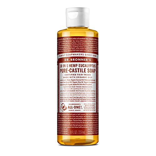 Dr. Bronner's - Pure-Castile Liquid Soap (Eucalyptus, 8 ounce) - Made with Organic Oils, 18-in-1 Uses: Face, Body, Hair, Laundry, Pets and Dishes, Concentrated, Vegan, Non-GMO