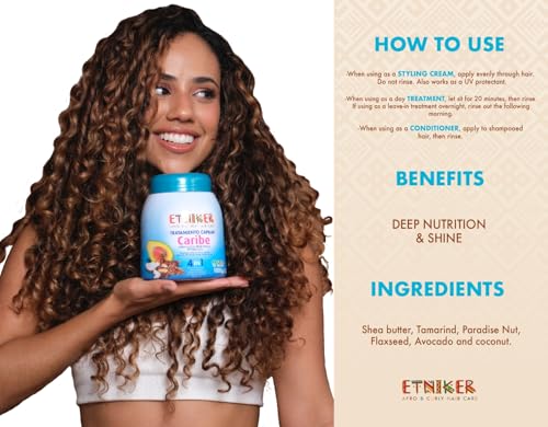 ETNIKER CARIBE Hair Treatment for Afro, Curly & Wavy Hair | 4-in-1 Deep Conditioner, Styling Cream, UV Protection & Repair Mask | with Paradise Nut, Coconut, Avocado, Tamarind & Flaxseed | 33 oz