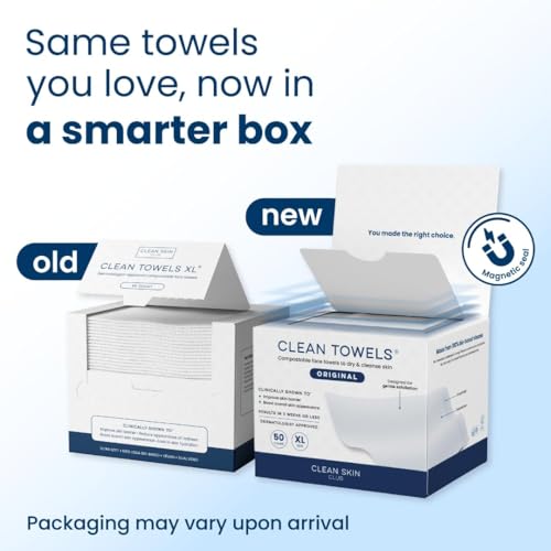 Clean Skin Club Clean Towels XL®, 100% USDA Biobased Face Towel, Disposable Face Towelette, Eczema Association Accepted, Makeup Remover Dry Wipes, Ultra Soft, 50 ct per pack, 2 Packs, 100 Ct Total