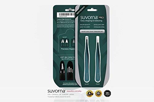 Suvorna 4 Precision Aligned Professional Tweezers Color Sets with Premium Stainless Steel. One Sharp Pointed Pair and One Slant Tip Pair for Eyebrow Shaping. Great for Ingrown Hair (Green)