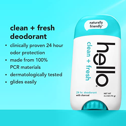 hello Activated Charcoal Fresh and Clean Deodorant for Women + Men, Aluminum Free, Baking Soda Free, Parabens Free, 24 Hour Odor Protection, 2.6 Ounce, 2 Pack