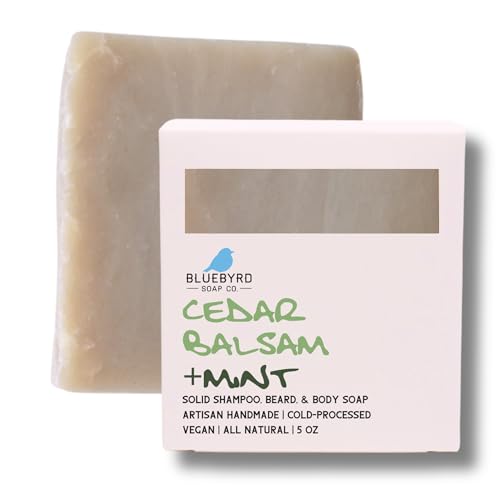 Bluebyrd Soap Co. Cedar Balsam + Mint Solid Shampoo & Body Wash Soap Bar | 100% All Natural Multi-Purpose Bars -Refreshing Menthol Scent | Pure Essential Oil, Vegan, Organic (Cedar Mint)