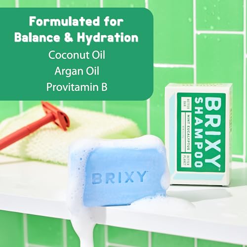 BRIXY Balance Shampoo Bar For Oily Hair, Argan Oil & Provitamin B, Gently Removes Oil, Styling Product, & Hard Water Build-up, pH Balanced, Color Safe, Vegan, Plastic Free - Mint Eucalyptus