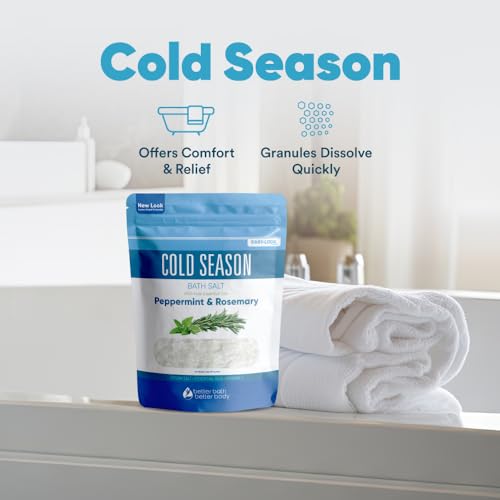 Cold Season Bath Salt 32 Ounces (2 Lbs) USP Grade Epsom Salt with Natural Rosemary and Peppermint Pure Essential Oils Plus Vitamin C in BPA Free Pouch with Easy Press Lock Seal Made in USA