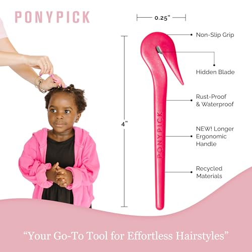 THE PONY PICK Hair Elastic Rubber Bands Cutter Tool – Easy To Use, Pain Free, No Hair Damage – Ponytail Cutter Tool for Kids & Toddlers (3 Packs of Pony Pick & 50 Clear Hair Elastics)