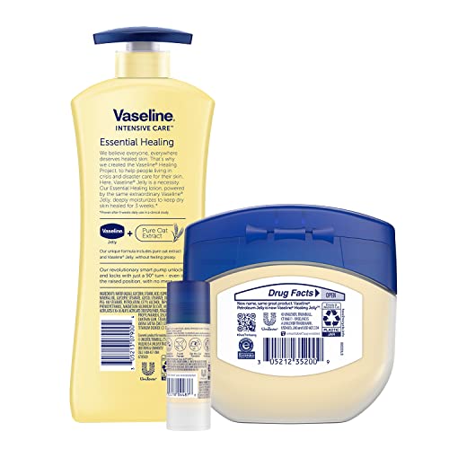 Vaseline Intensive Care Essential Healing Body Lotion, 20.3 oz, Bundled with Petroleum Jelly Original, 7.5oz, and All-Over Body Balm Stick, 1.4 oz - Pack of 3, Moisturizing Skin Care