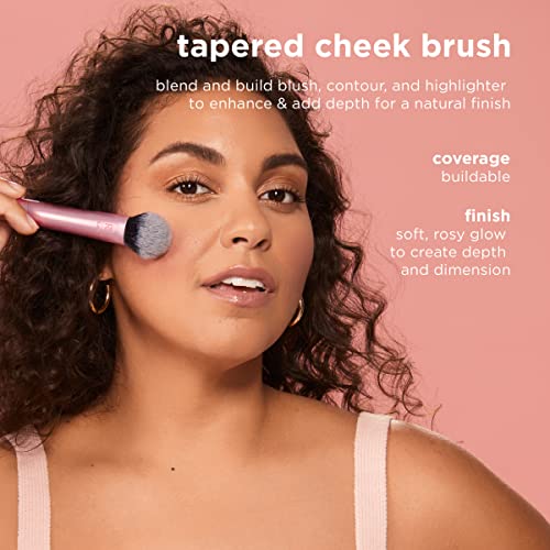 Real Techniques Tapered Cheek Makeup Brush, For Blush, Highlighter, Loose, Or Pressed Powder, Blush Brush With Synthetic Bristles, Precise Makeup Application, Aluminum Handle, Cruelty Free, 1 Count
