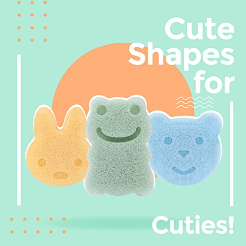 myHomeBody Konjac Baby Sponge for Bathing, Cute Shapes Natural Kids Bath loofah for Infants, Toddler, Newborns, Safe Plant-Based, 3pc. Set: Rabbit, Frog, Bear face